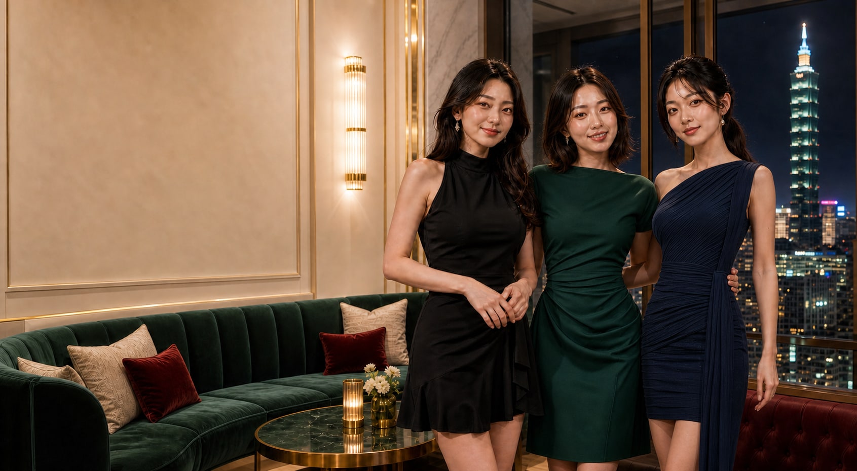 三位成年女性分別穿著黑色、深綠與午夜藍小禮服，於台北夜景 KTV 貴賓空間合影